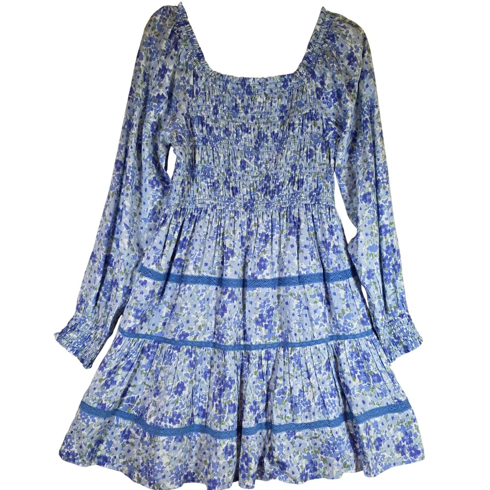 Japna Blue Floral Smocked‎ Tiered Mini Dress Long Sleeve Crochet Womens L NWT